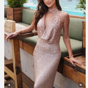 Zara Sequin Halter Maxi Dress NWT Beige Pink Size Medium